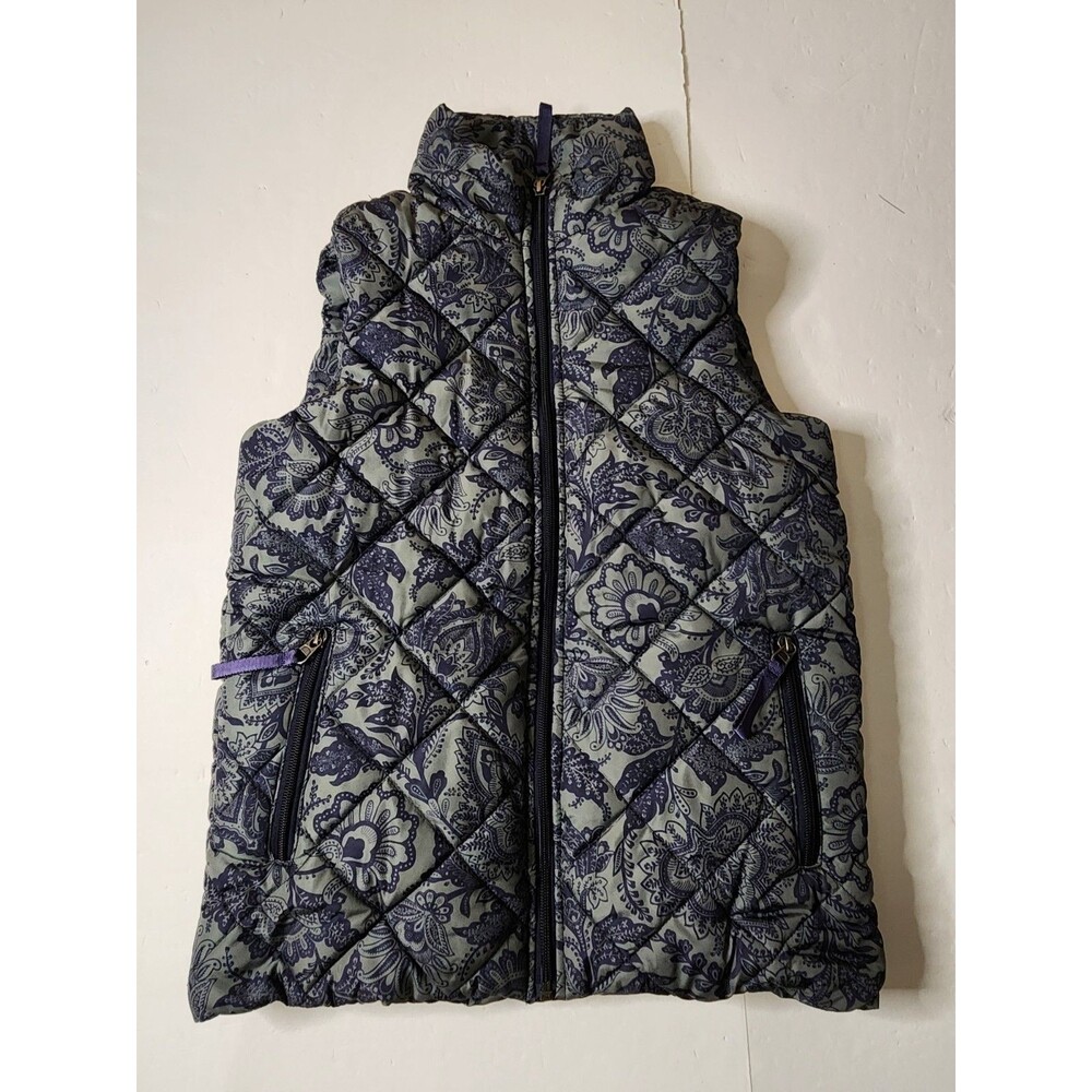 Vera Bradley Quilted Puffer Vest Womens XS Blue Grey Floral Paisley Fleece Lined